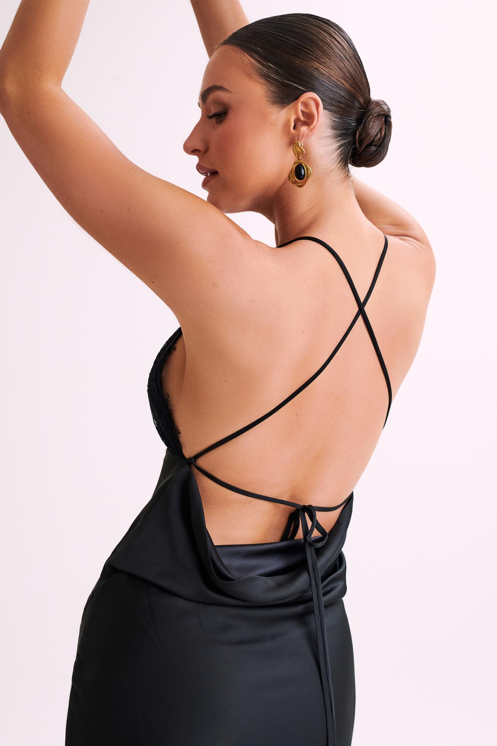 Gina Satin Slip Maxi Dress With Lace - Black Product Image