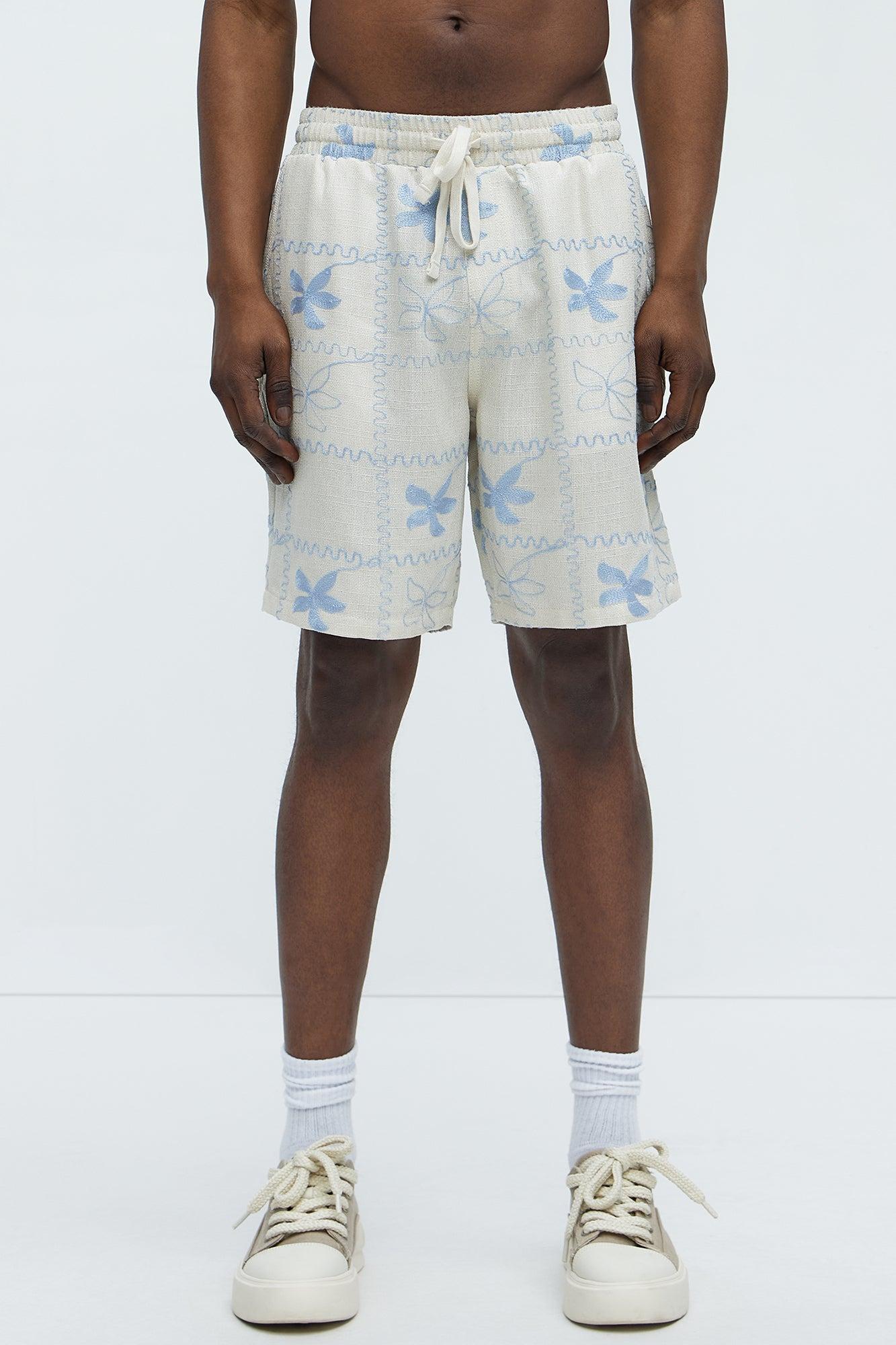 Embroidered Flowers Relaxed Shorts - Off White/combo Product Image
