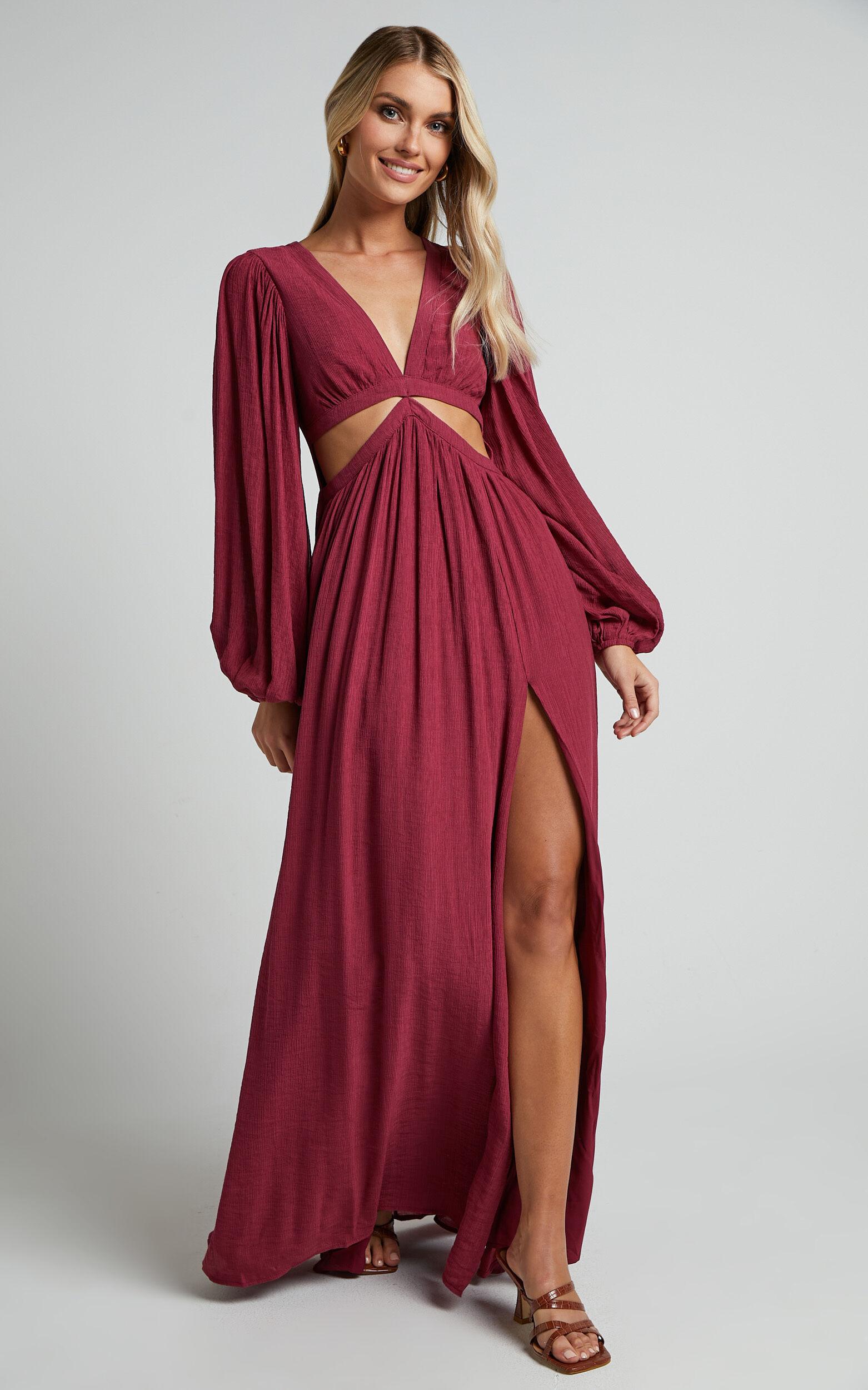 Paige Maxi Dress - Side Cut Out Balloon Sleeve Dress in Mulberry Product Image