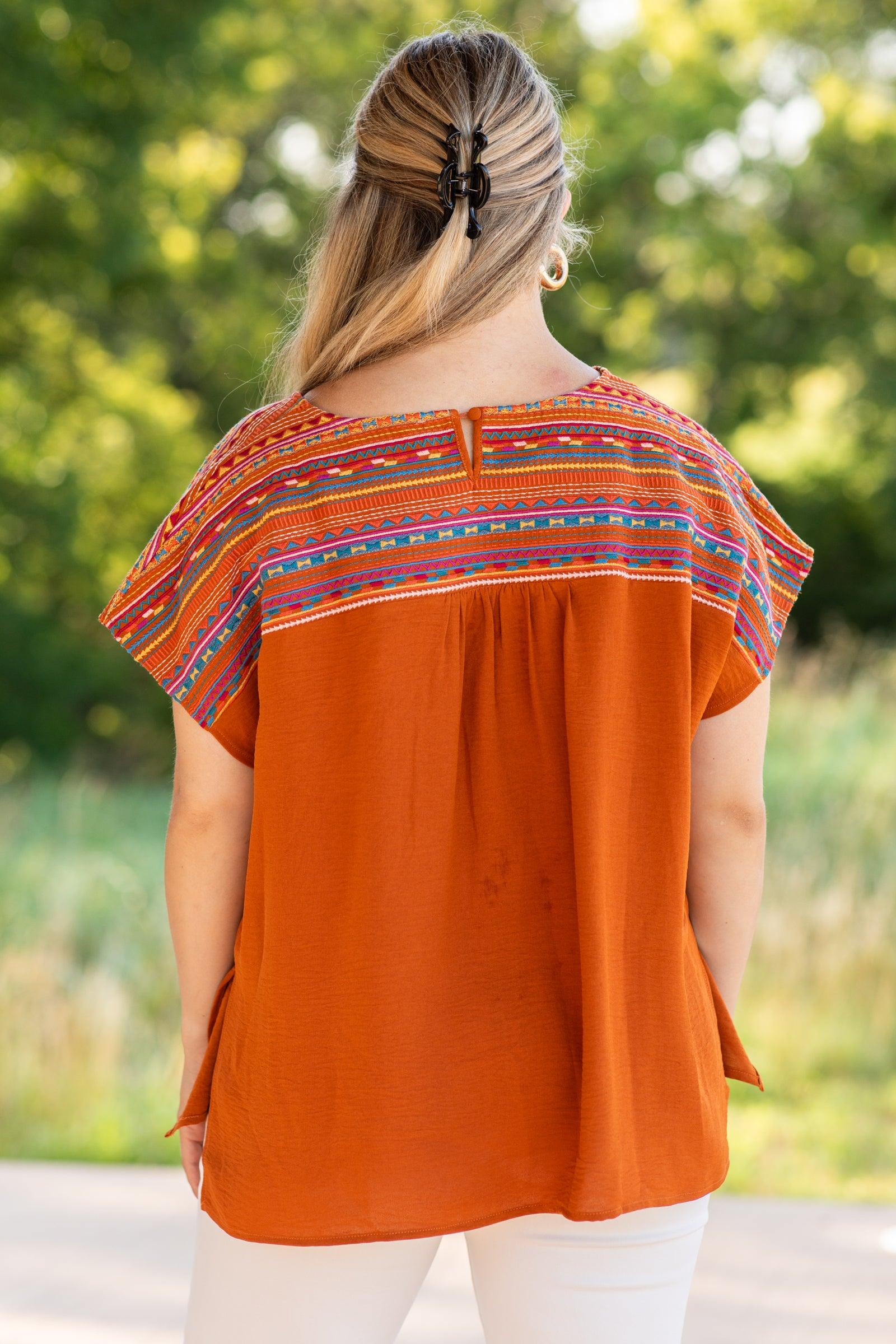 Cinnamon Embroidery Short Sleeve Woven Top Product Image
