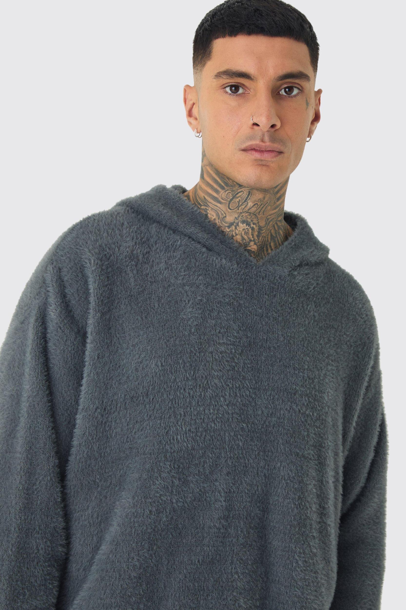 Tall Fluffy Knit Boxy Oversized Hoodie | boohooMAN USA Product Image
