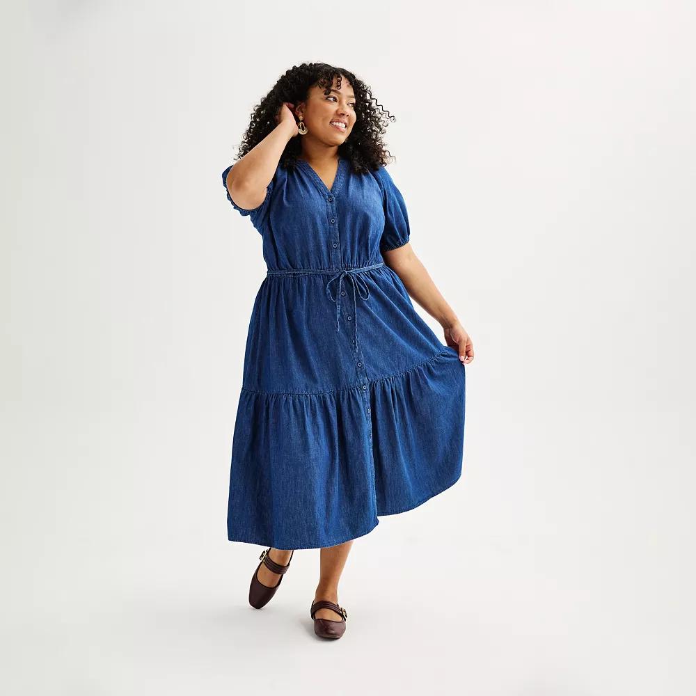 Plus Size Sonoma Goods For Life® Puff Sleeve V-Neck Tiered Midi Dress, Women's, Size: 0X, Chambray Product Image