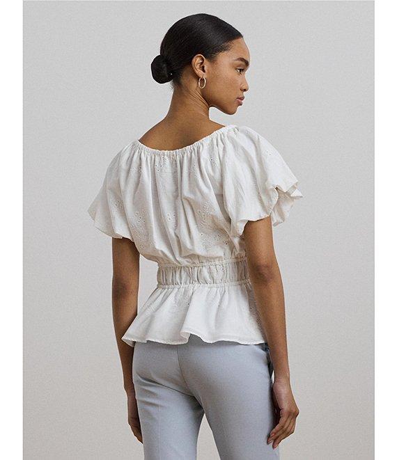 Lauren Ralph Lauren Woven Round Neck Short Sleeve Eyelet Embriodered Peplum Blouse Product Image