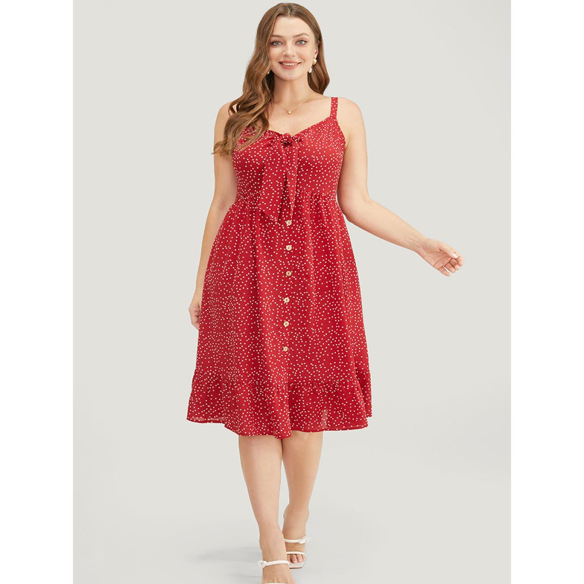 Plus Size Polka Dot Button Detail Knotted Pocket Cami Dress Crimson Women Elegant Adjustable Straps Spaghetti Strap Sleeveless Curvy Knee Dress BloomChic 14-16/1X Product Image