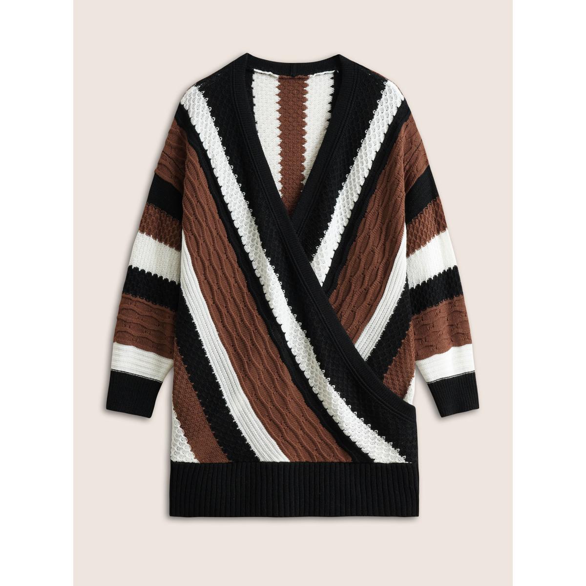 Plus Size Contrast Colorblock Wrap Deep V Neck Pullover DarkBrown Women Casual Long Sleeve Deep V-neck Everyday Pullovers BloomChic 22-24/3X Product Image