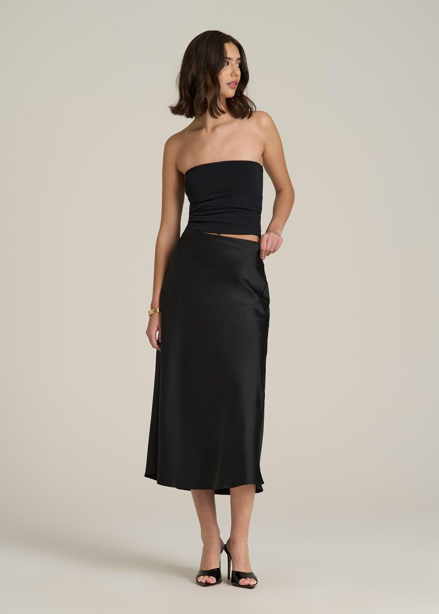 Pull-On Satin Midi Skirt for Tall Women in Black Female Product Image