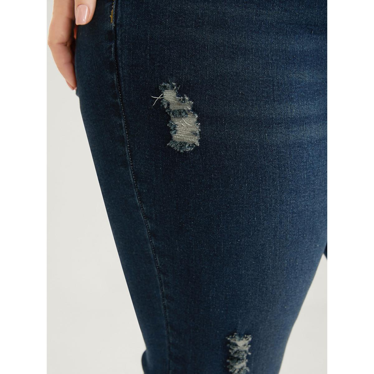 Plus Size Bootcut Slightly Stretchy High Rise Dark Wash Distressed Jeans Women DarkBlue Casual Plain Plain Low stretch Pocket Jeans BloomChic 26/4X Product Image