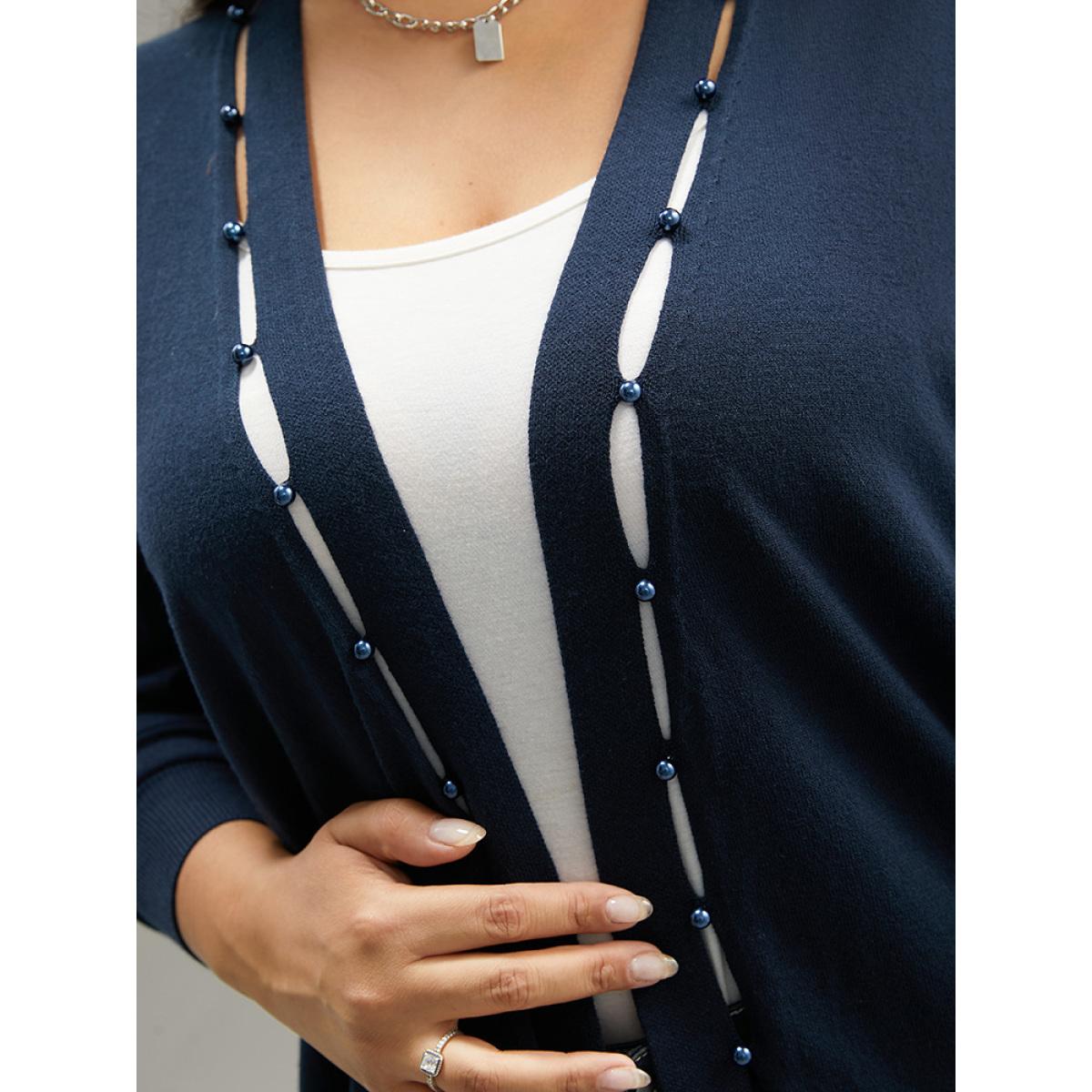 Plus Size Supersoft Essentials Plain Hollow Out Pearl Beaded Open Front Cardigan Indigo Women Casual Loose Long Sleeve Dailywear Cardigans BloomChic 30/6X Product Image