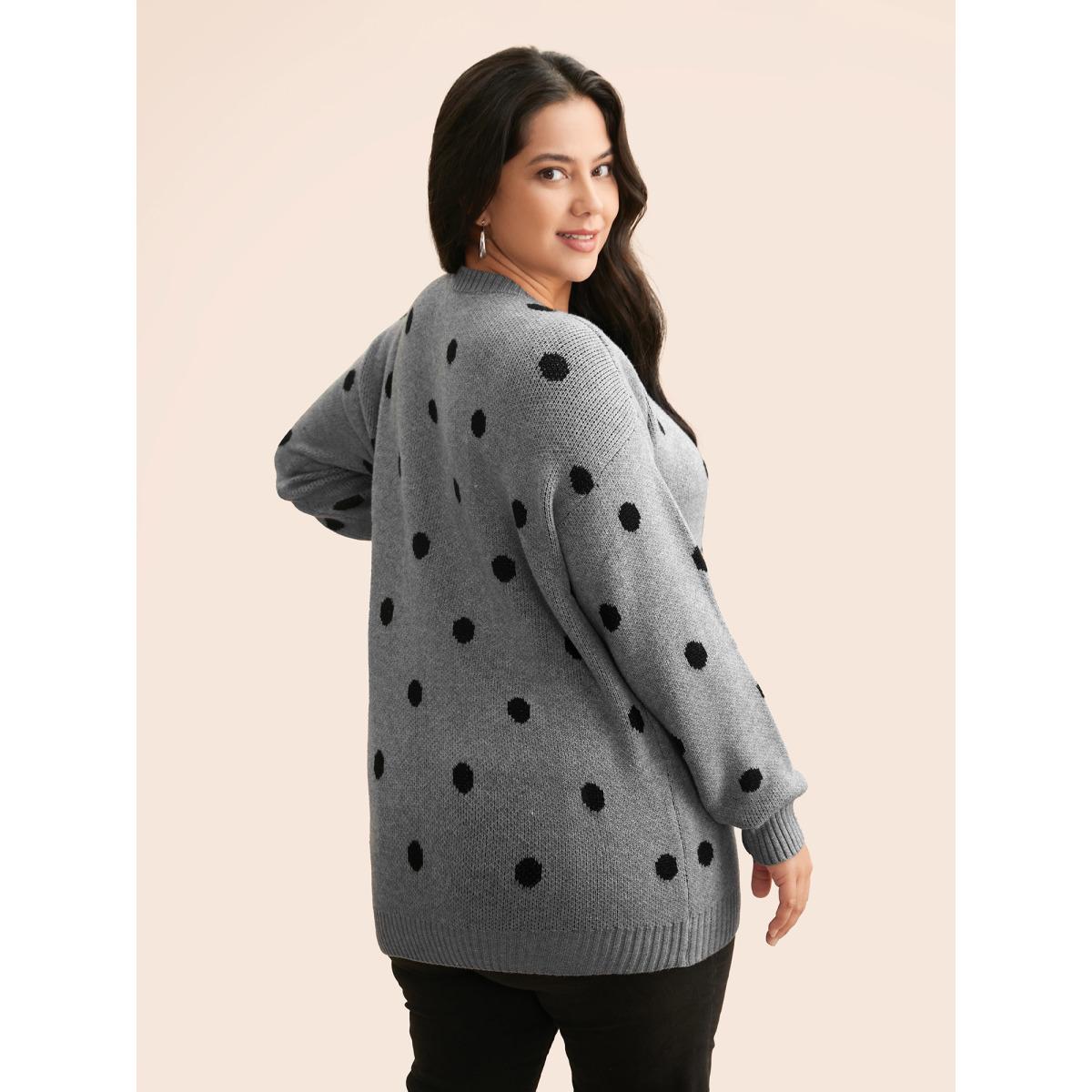 Plus Size Polka Dot Drop Shoulder Sleeve Pullover Mediumgray Women Casual Loose Long Sleeve Round Neck Everyday Pullovers BloomChic 10/M Product Image