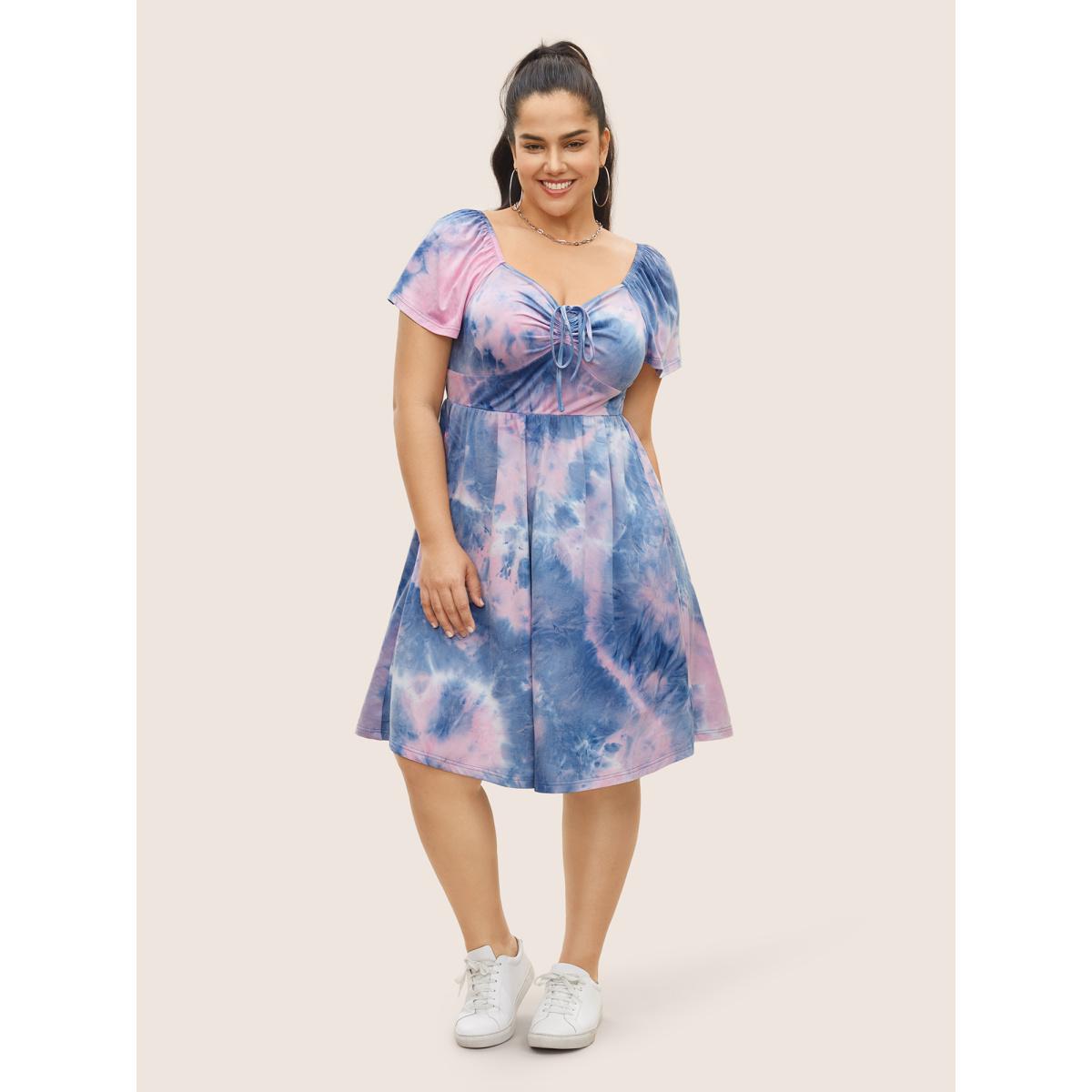 Plus Size Tie Dye Raglan Sleeve Drawstring Gathered Dress Multicolor Women Casual Gathered Heart neckline Short sleeve Curvy BloomChic 14-16/1X Product Image