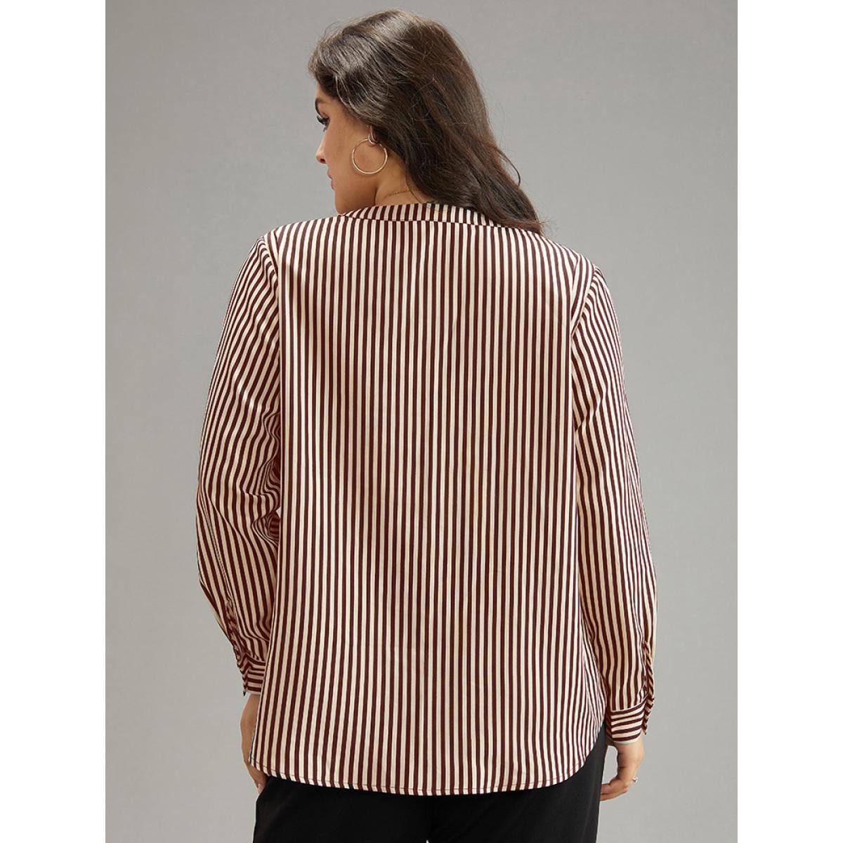 Plus Size Brown Striped Notched Button Through Blouse Women Office Long Sleeve Shirt collar Work Blouses BloomChic 18-20/2X Product Image