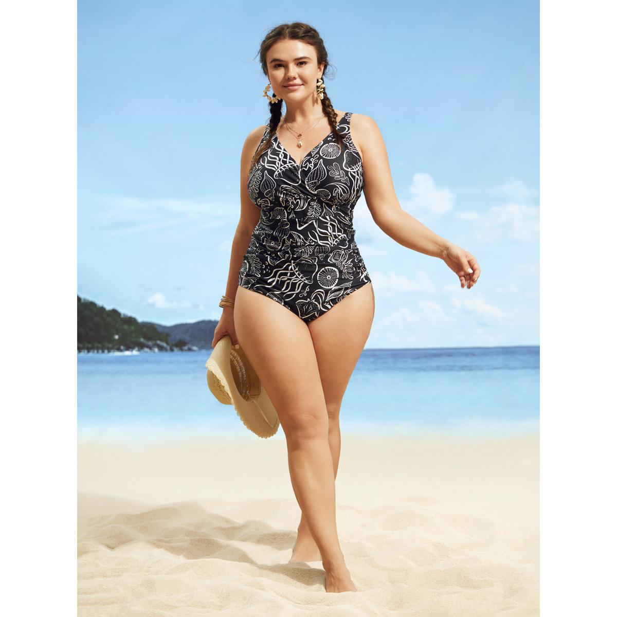 Plus Size V Neck Marine Elements Gathered One Piece Swimsuit Women's Swimwear Black Beach Gathered Curve Bathing Suits High stretch One Pieces BloomChic 22-24/3X Product Image