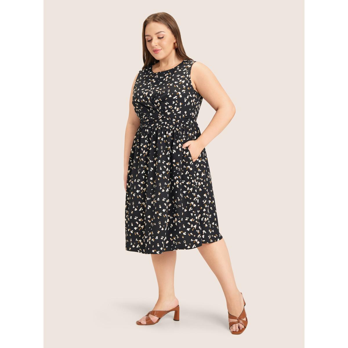 Plus Size Allover Print Pocket Flutter Crossover Ruched Tank Dress Black Women Elegant Twist Round Neck Sleeveless Curvy Midi Dress BloomChic 12/L Product Image
