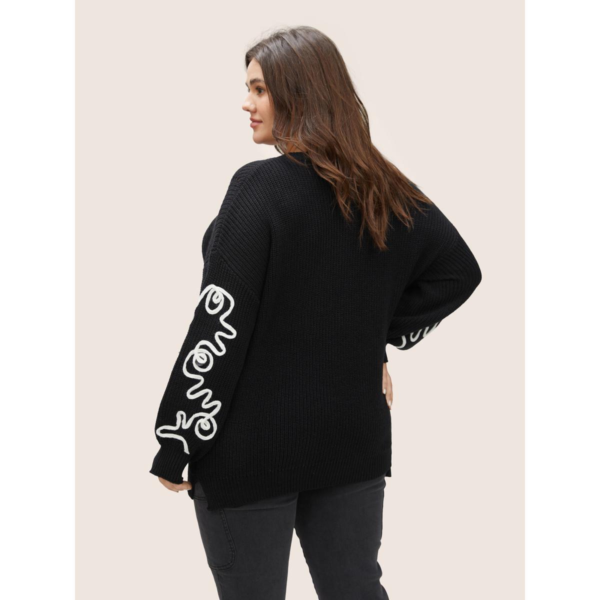 Plus Size Contrast Embroidered Crew Neck Pointelle Pullover Black Women Casual Long Sleeve Round Neck Everyday Pullovers BloomChic 30/6X Product Image