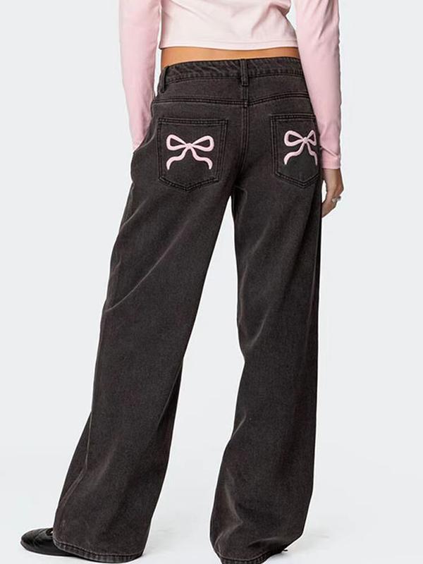 Pink Bow With Embroidered Back Pocket Boyfriend Jeans Product Image