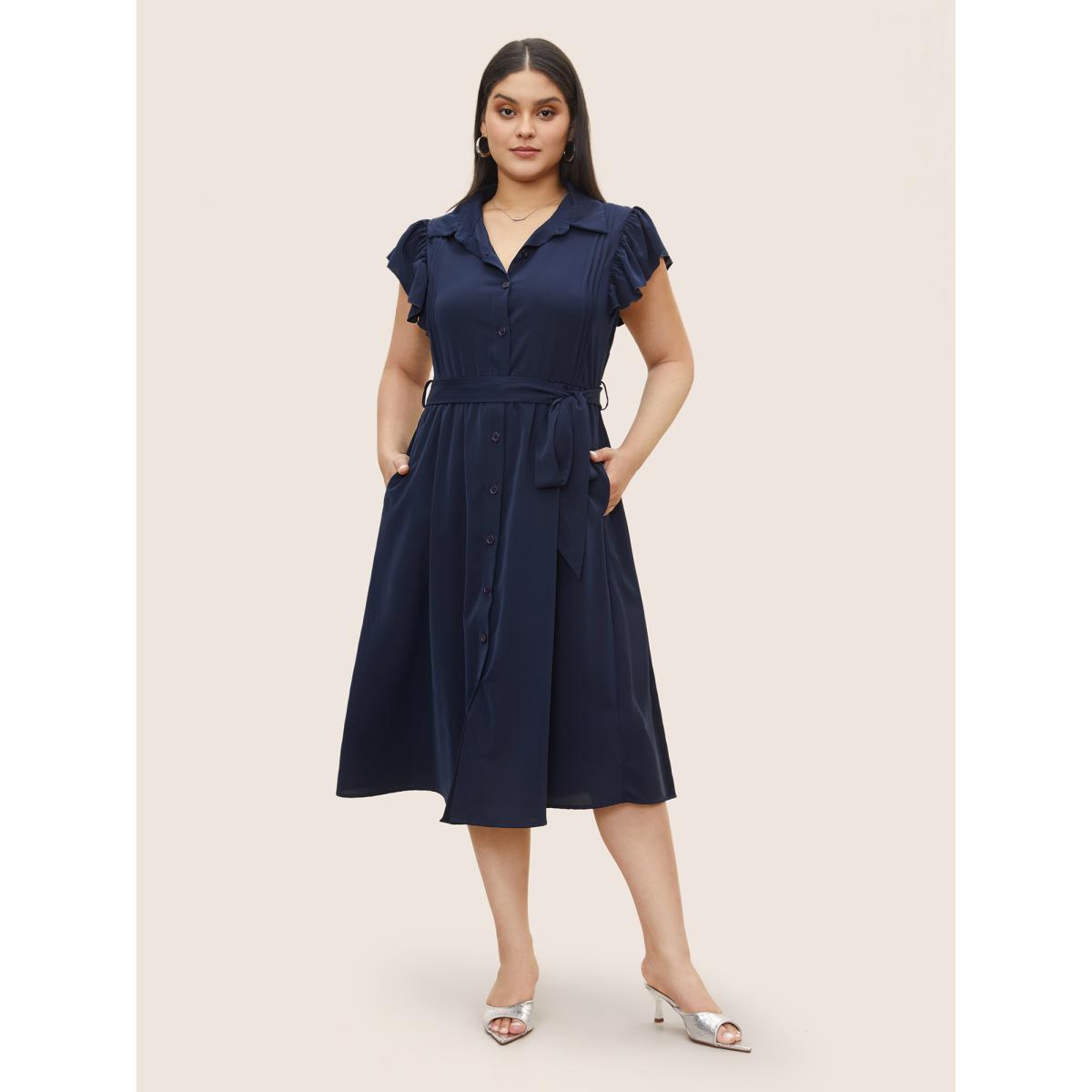 Plus Size Plain Pleated Button Through Cap Sleeve Dress Indigo Women At the Office Gathered Shirt collar Cap Sleeve Curvy Midi Dress BloomChic 10/M Product Image