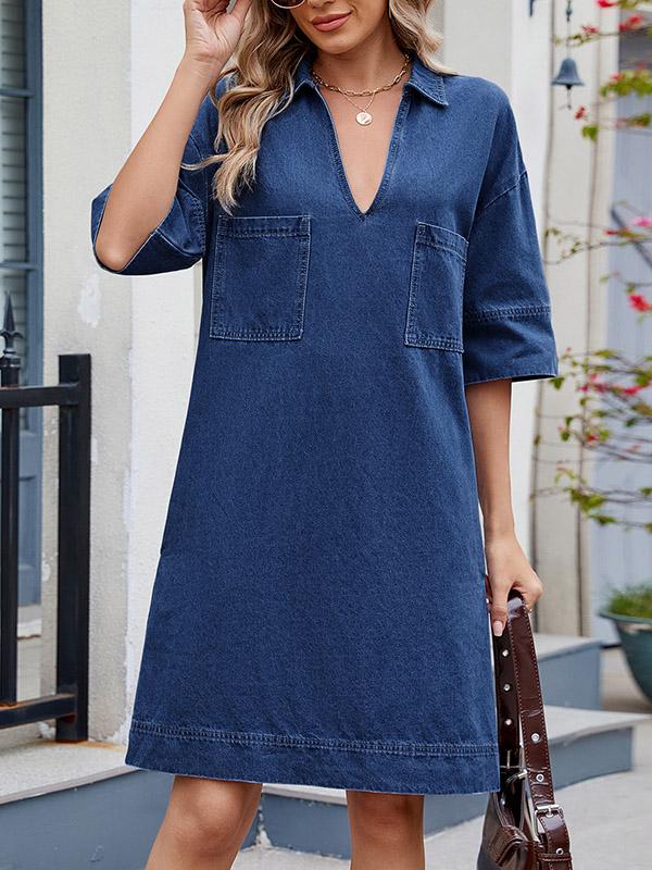 A-line Loose Pockets Solid Color Lapel Mini Dresses Product Image