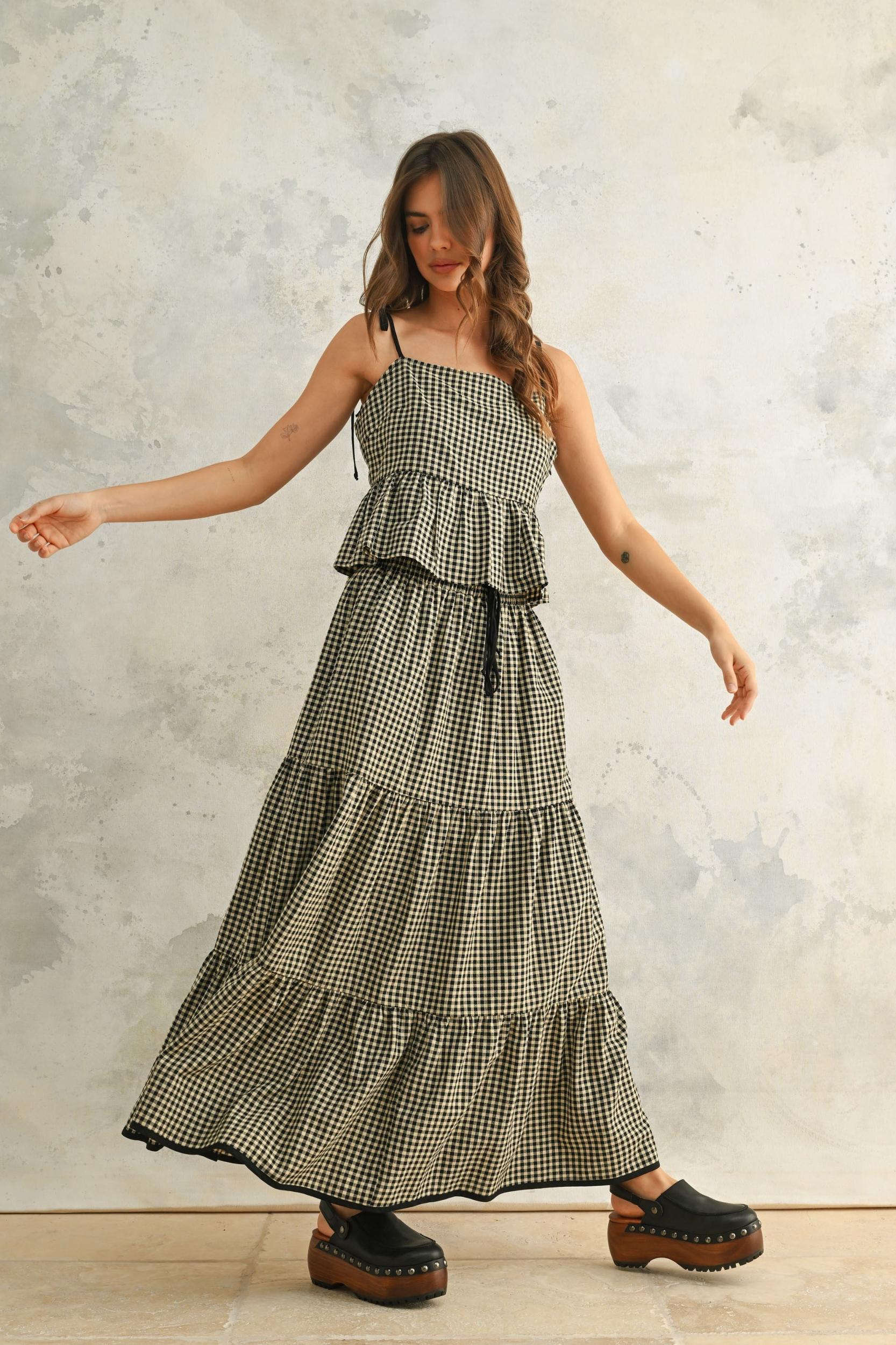 Gingham Tiered Maxi Cotton Skirt Product Image