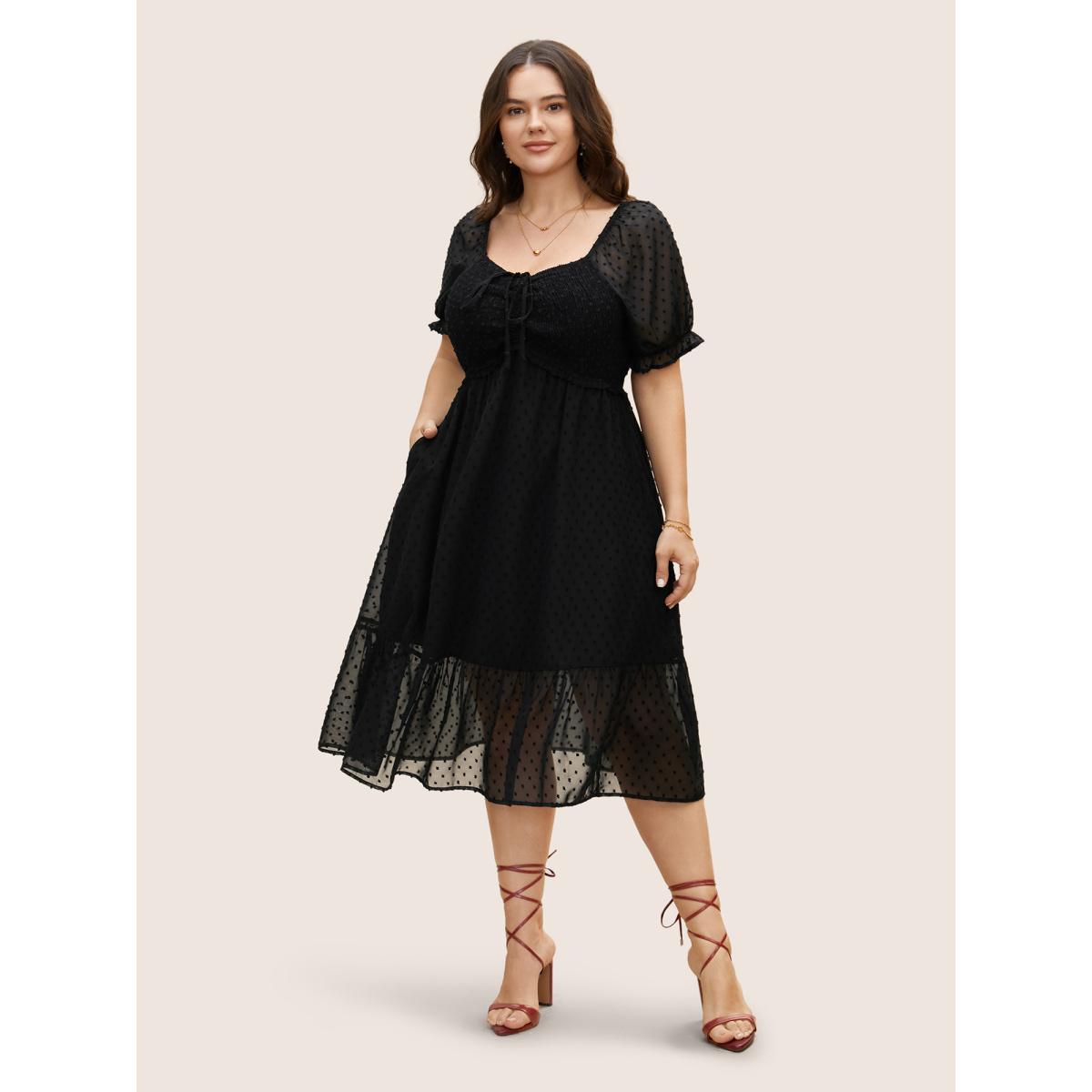 Plus Size Polka Dot Textured Mesh Shirred Drawstring Dress Black Women Romantic Texture V-neck Short sleeve Curvy BloomChic 22-24/3X Product Image
