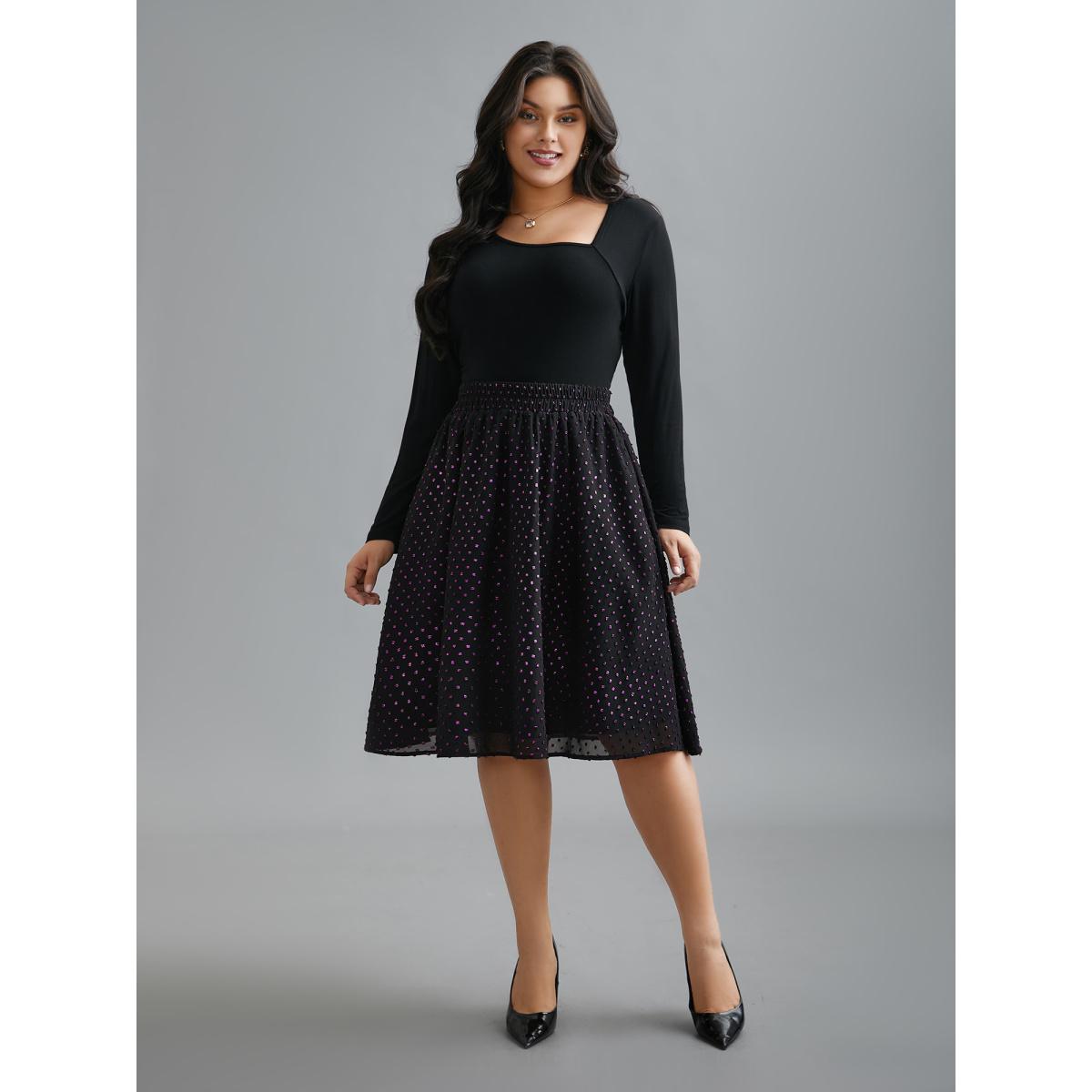 Plus Size Glitter Polka Dot Pleated Skirt Women Black Elegant Gathered No stretch Side seam pocket Everyday Skirts BloomChic 10/M Product Image