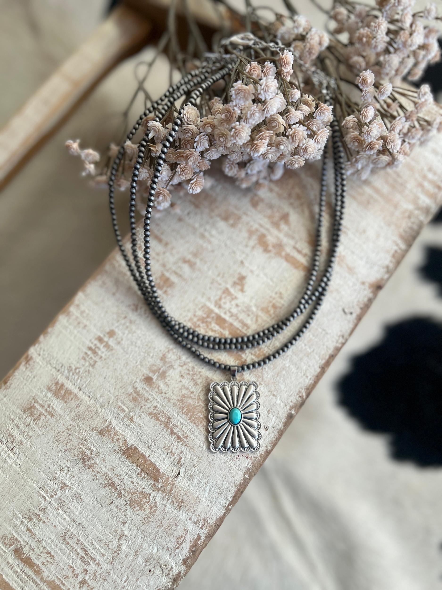 Triple Strand Rectangular Concho Navajo Beaded Necklace Product Image