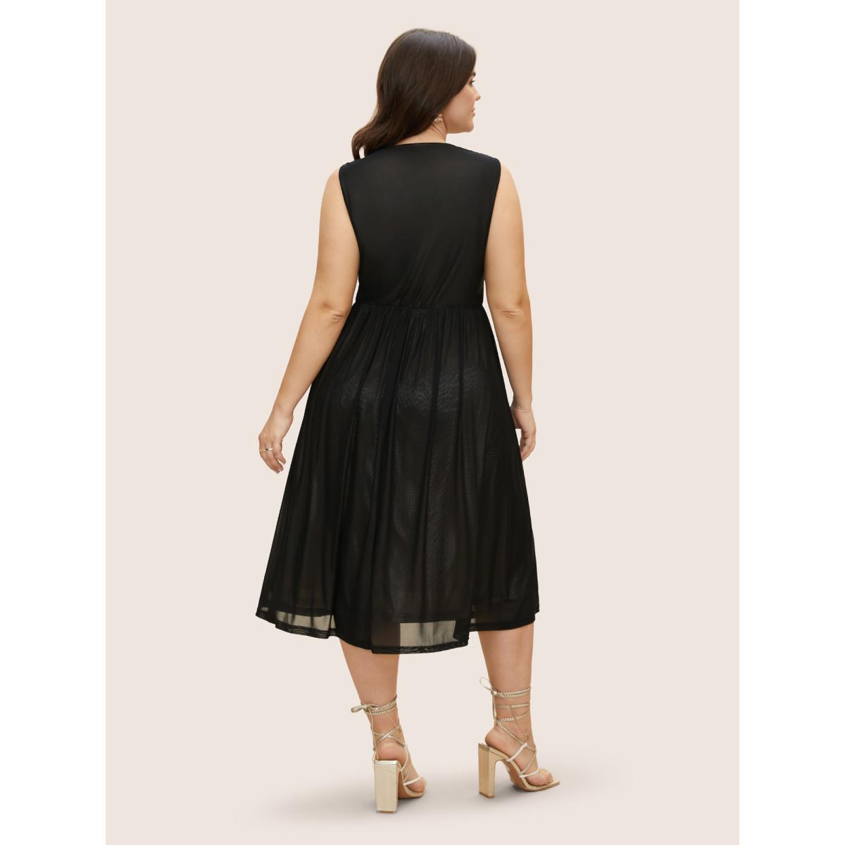 Plus Size Solid Mesh Ruched Midi Tank Dress Black Women Cocktail V-neck Sleeveless Curvy BloomChic 28/5X Product Image