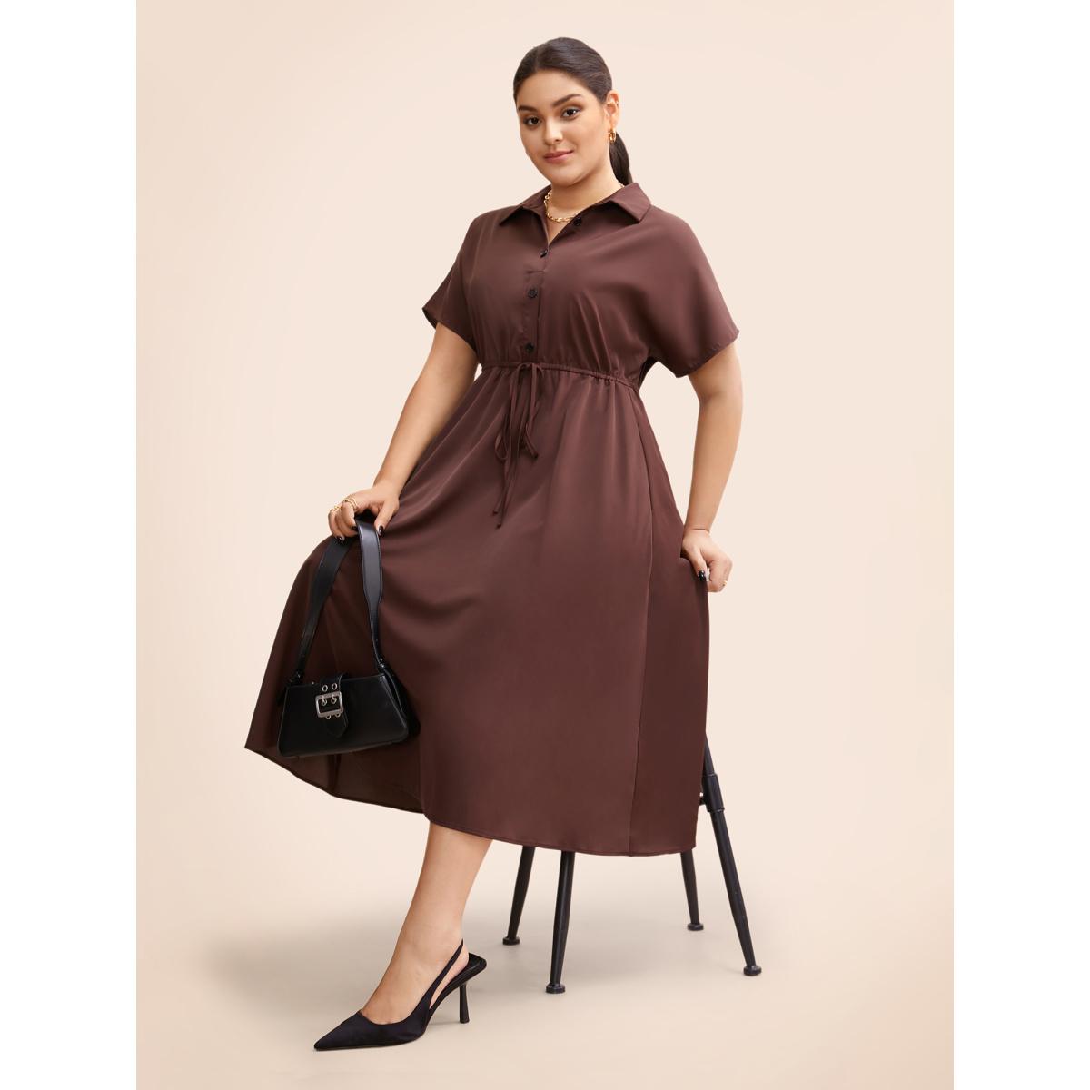 Plus Size Shirt Collar Batwing Sleeve Drawstring Dress Browncoffeecolor Women At the Office Drawstring Shirt collar Short sleeve Curvy BloomChic 18-20/2X Product Image