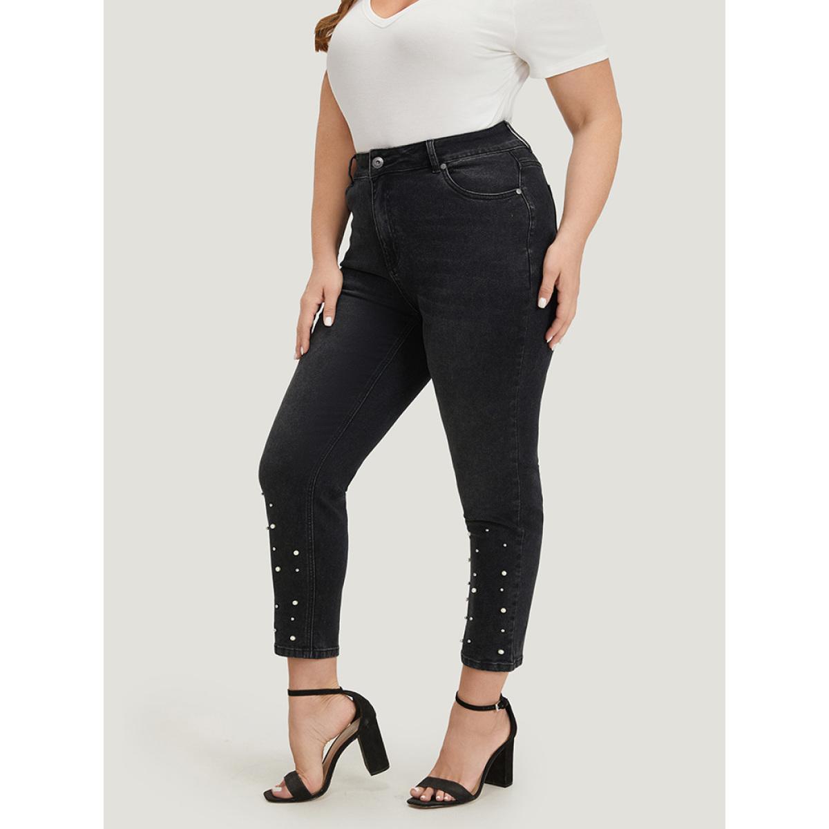 Plus Size Beaded Detail Pocket Very Stretchy Black Wash Jeans Women DimGray Casual Plain Beaded High stretch Pocket Jeans BloomChic 20/2X Product Image