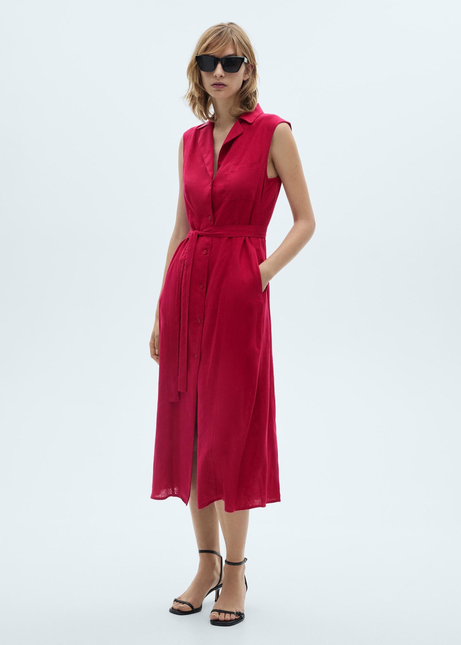Linen shirt dress with belt - Women | MANGO USA Product Image