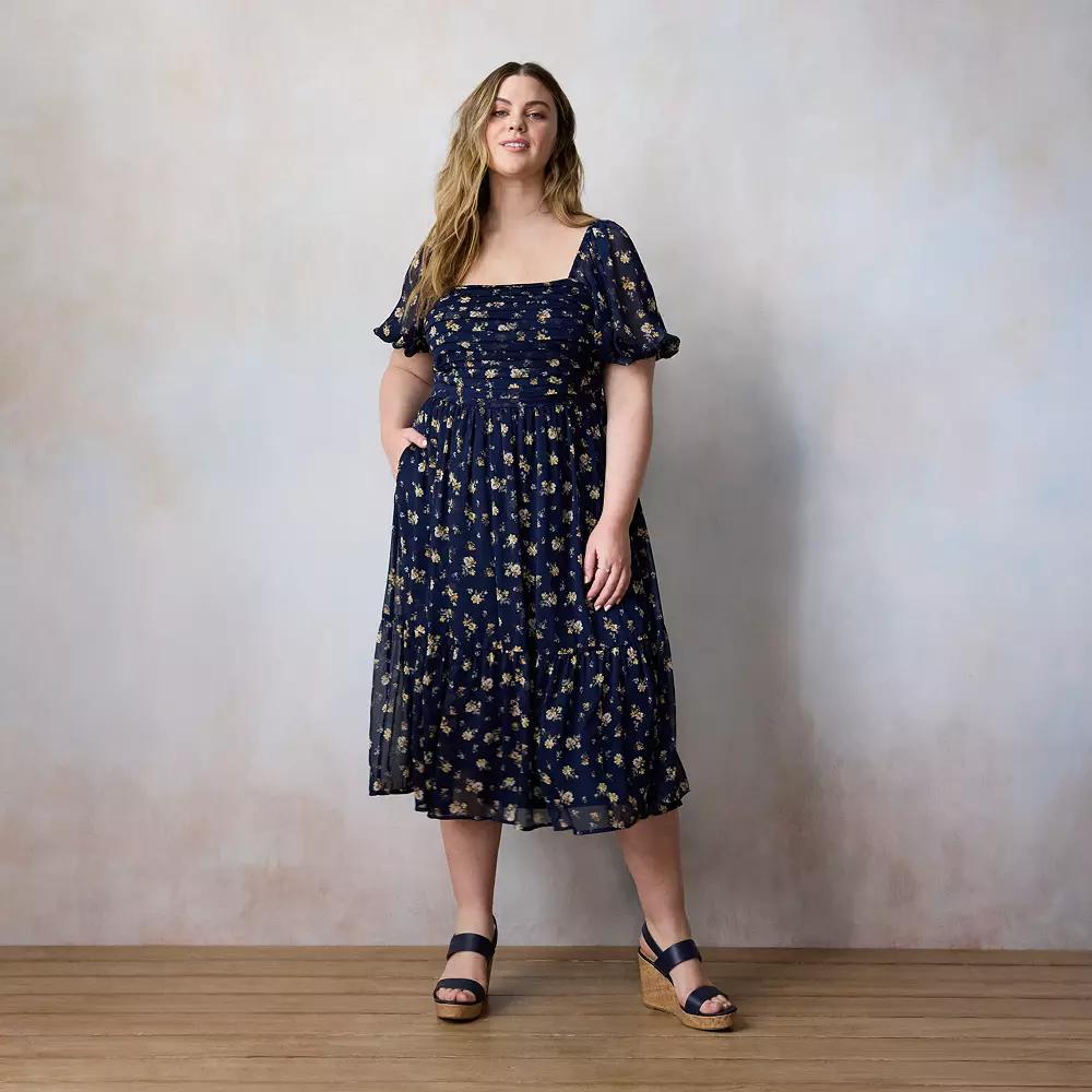 Plus Size LC Lauren Conrad Pleated Bodice Midi Dress, Women's, Size: 0X, Blue Rosa Blooms Product Image