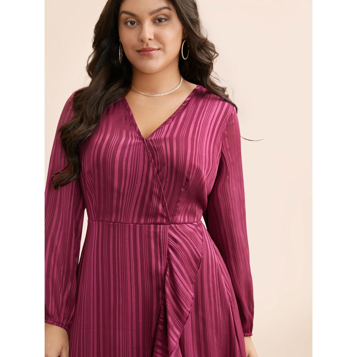 Plus Size Chiffon Overlap Collar Ruffle Trim Dress RedViolet Women Cocktail Texture Party Curvy Bloomchic 12/L Product Image