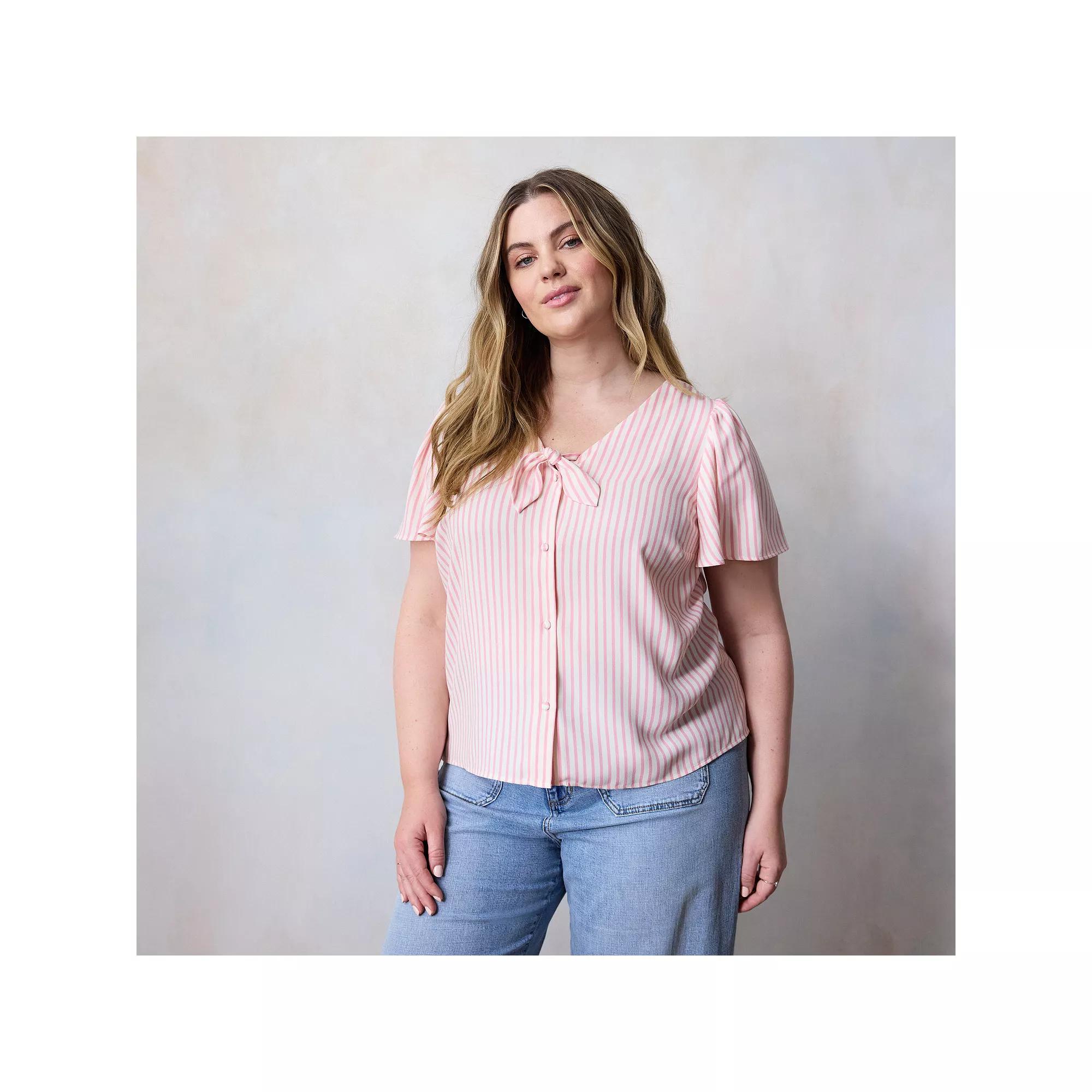 Plus Size LC Lauren Conrad Woven Tie-Front Flutter Sleeve Top, Women's, Size: 2XL, Pink Picnic Stripe Product Image
