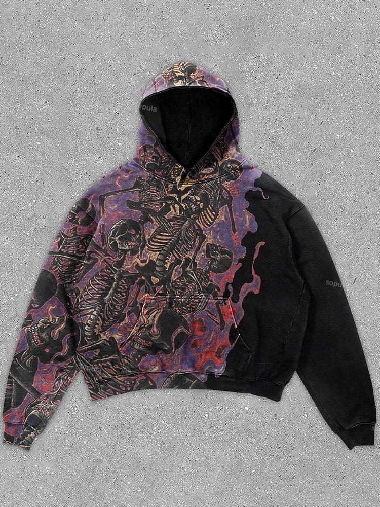 Vintage Skull Graphic Print Black Pullover Hoodie Product Image