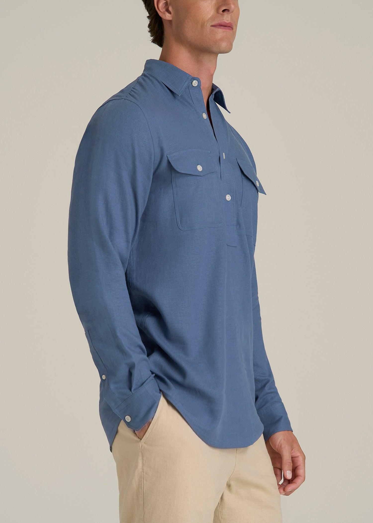 Linen Popover Shirt for Tall Men in Deep Cobalt Male Product Image
