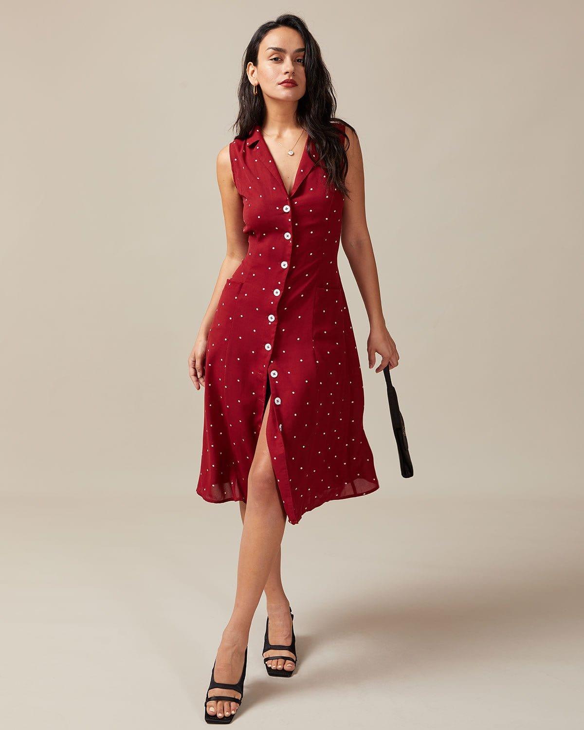 The Red V Neck Polka Dot Tie Back Midi Dress Product Image