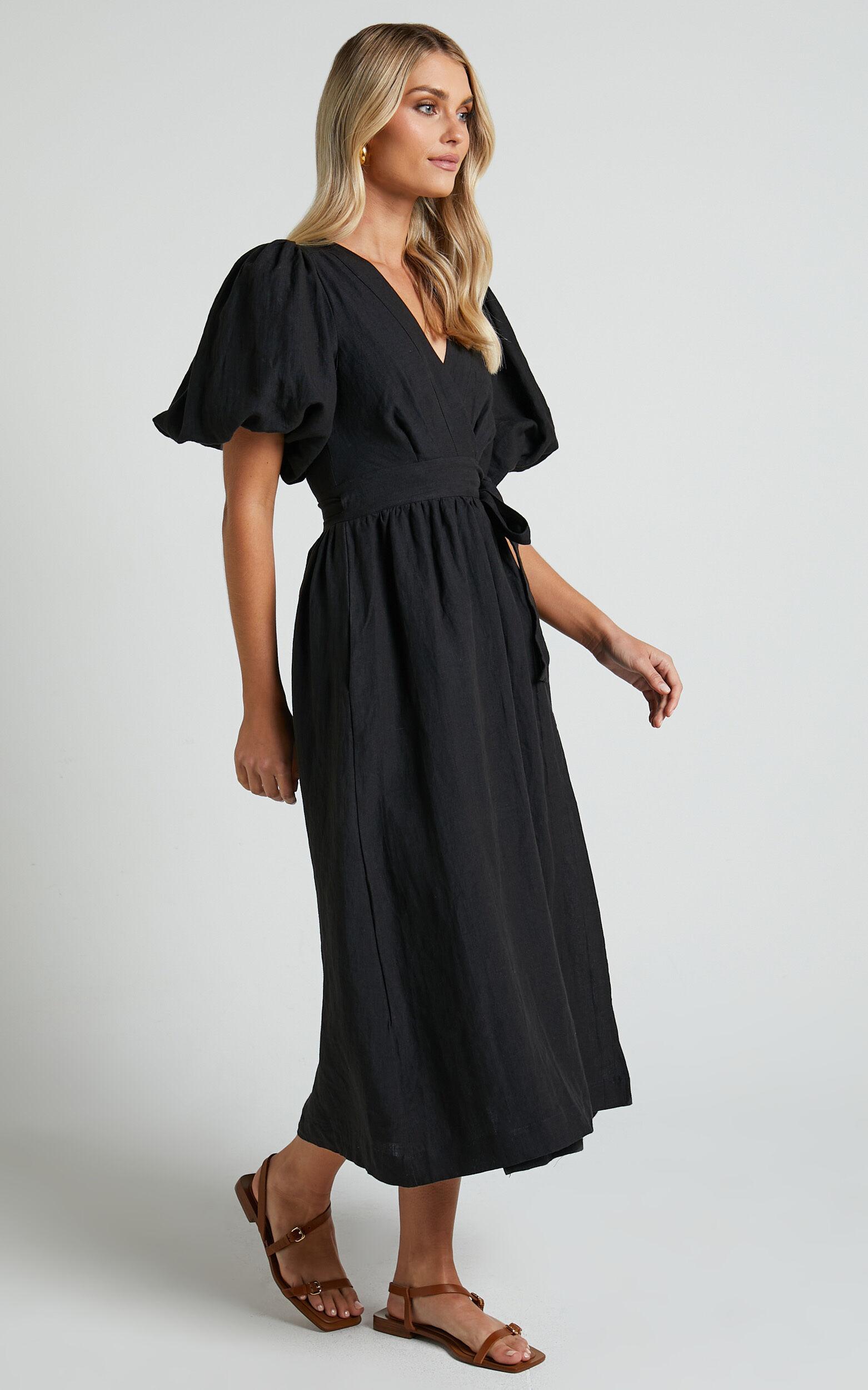 Amalie The Label - Franc Linen Puff Sleeve Wrap Midi Linen Dress in Black Product Image