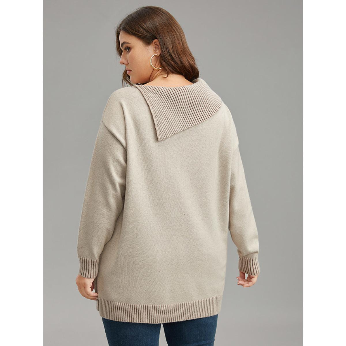 Plus Size Supersoft Essentials Asymmetrical Neck Button Detail Pullover LightBrown Women Leisure Loose Long Sleeve Asymmetrical Neck Casual Pullovers BloomChic 14-16/1X Product Image