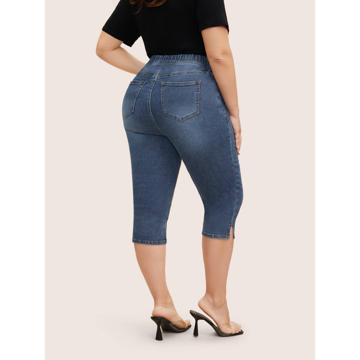 Plus Size Dark Wash Elastic Waist Distressed Slit Hem Jeans Women Denimblue Casual Distressed High stretch Slanted pocket Jeans BloomChic 18/2X Product Image