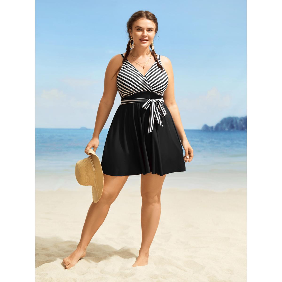 Plus Size Striped Patchwork Wrap Tie Knot Swim Dress Women's Swimwear Black Beach Bodycon Overlap Collar High stretch Curve Swim Dresses BloomChic 14-16/1X Product Image