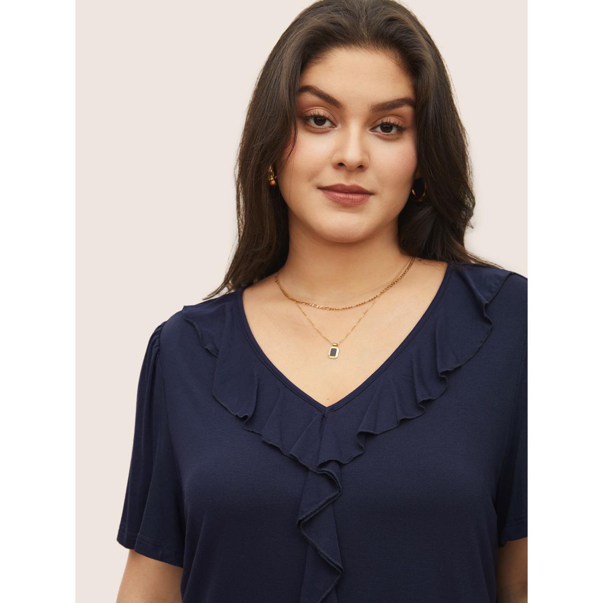 Plus Size Supersoft Essentials Solid Ruffle Trim T-shirt Indigo Women Elegant Non Plain V-neck Everyday T-shirts BloomChic 18-20/2X Product Image