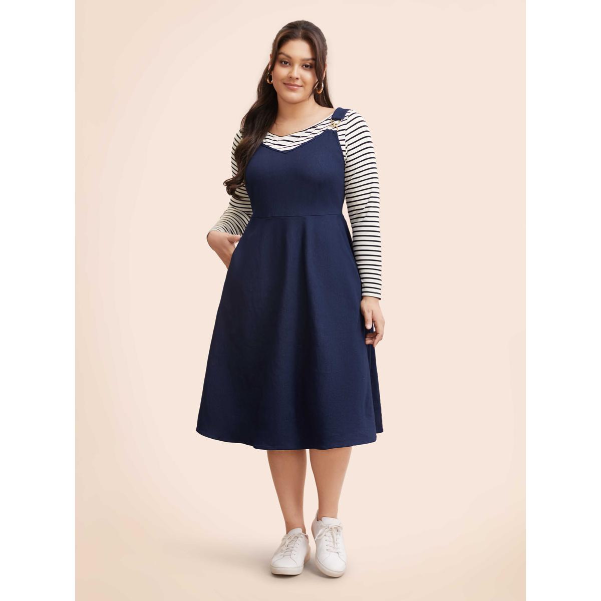 Plus Size Denim Elastic Waist Overall Dress Indigo Women Casual Non V-neck Sleeveless Curvy BloomChic 28/5X Product Image