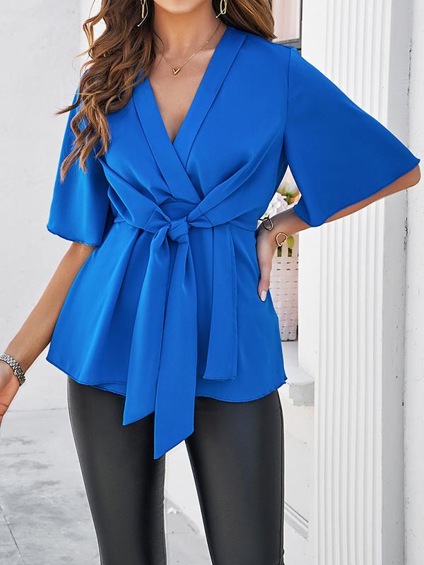 Flared Sleeves Half Sleeves Solid Color Tied V-Neck Blouses&Shirts Tops Product Image