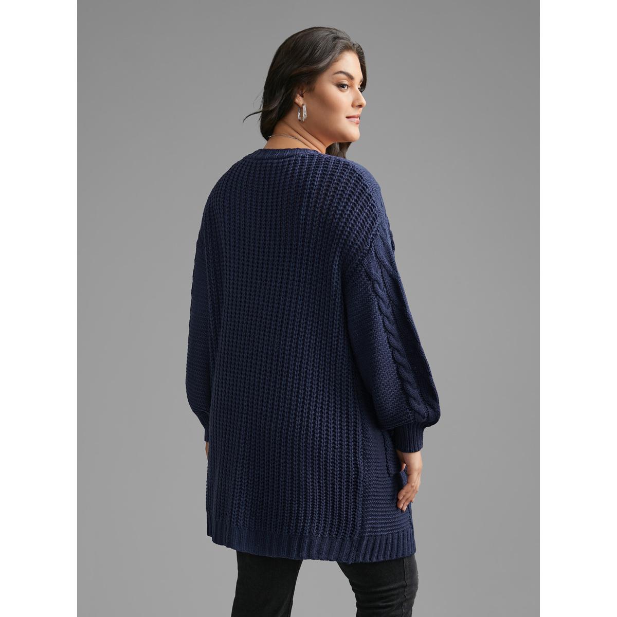 Plus Size Texture Cable Knit Patched Pocket Cardigan Indigo Women Casual Long Sleeve Everyday Cardigans BloomChic 26/4X Product Image