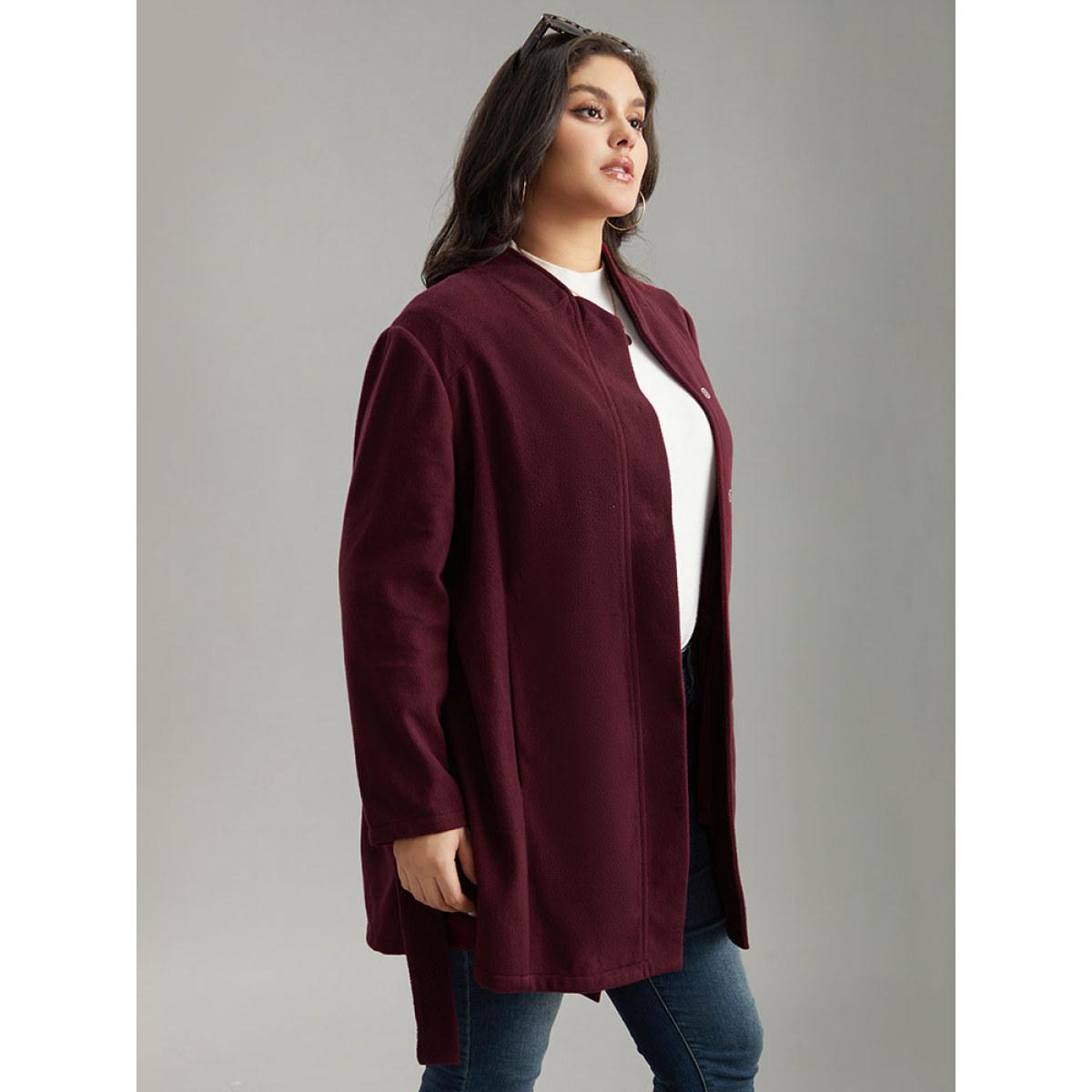 Plus Size Solid Button Fly Stand Collar Belted Pocket Coat Women Burgundy Casual Plain Ladies Everyday Winter Coats BloomChic 26/4X Product Image