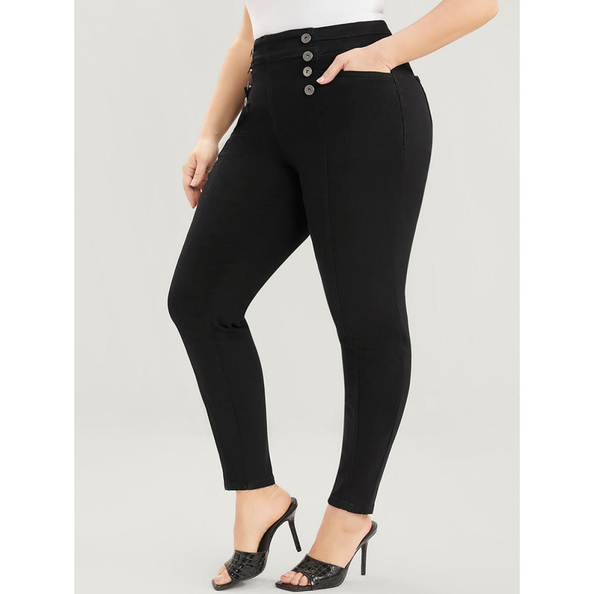 Plus Size Skinny Slightly Stretchy High Rise Black Wash Button Detail Pocket Jeans Women Black Casual Plain Plain Low stretch Pocket Jeans BloomChic 28/5X Product Image