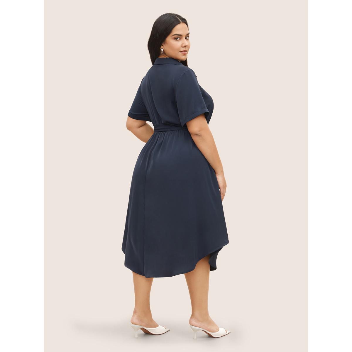Plus Size Plain Lace Patchwork Belted Cuffed Sleeve Dress DarkBlue Women At the Office Non Shirt collar Short sleeve Curvy Midi Dress BloomChic 28/5X Product Image