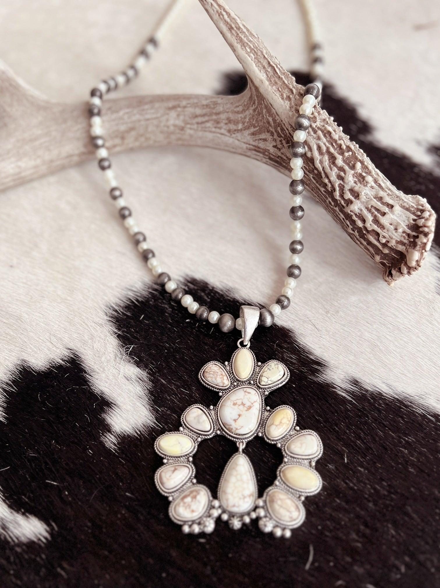 Pearl And Navajo Beaded Necklace With White Stone Pendant Product Image