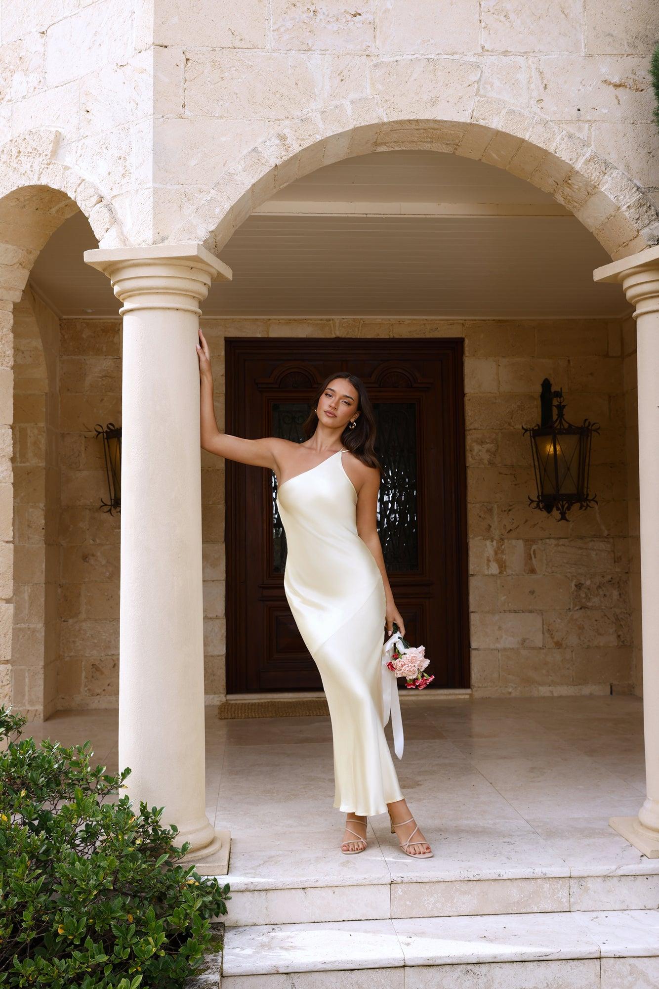 The Evangeline One Shoulder Satin Maxi Dress Yellow Product Image