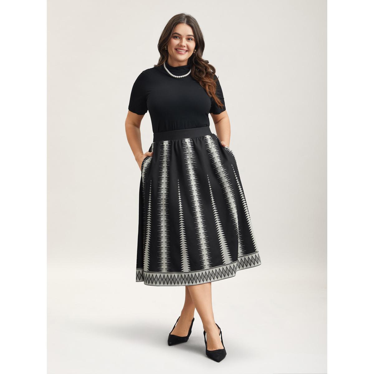 Plus Size Geometric Pattern Flared Midi Skirt Women Black Elegant Contrast Low stretch Side seam pocket Everyday Skirts BloomChic 26/4X Product Image