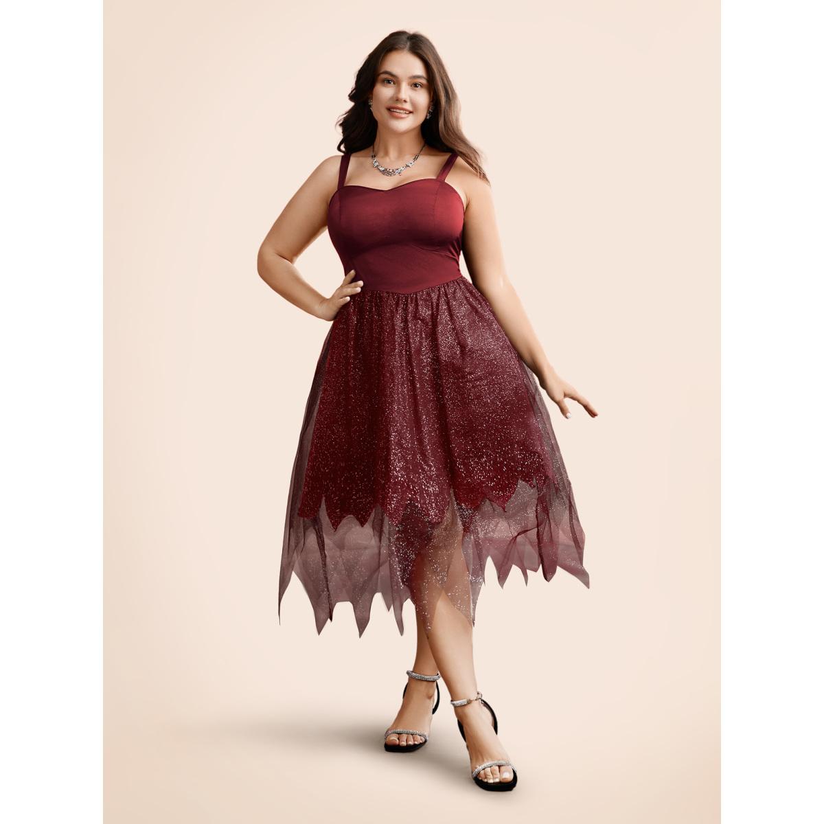 Plus Size Enchanted Shiny Mesh Petal Hem Midi Dress Burgundy Women Cocktail Texture Party Curvy Bloomchic 22-24/3X Product Image